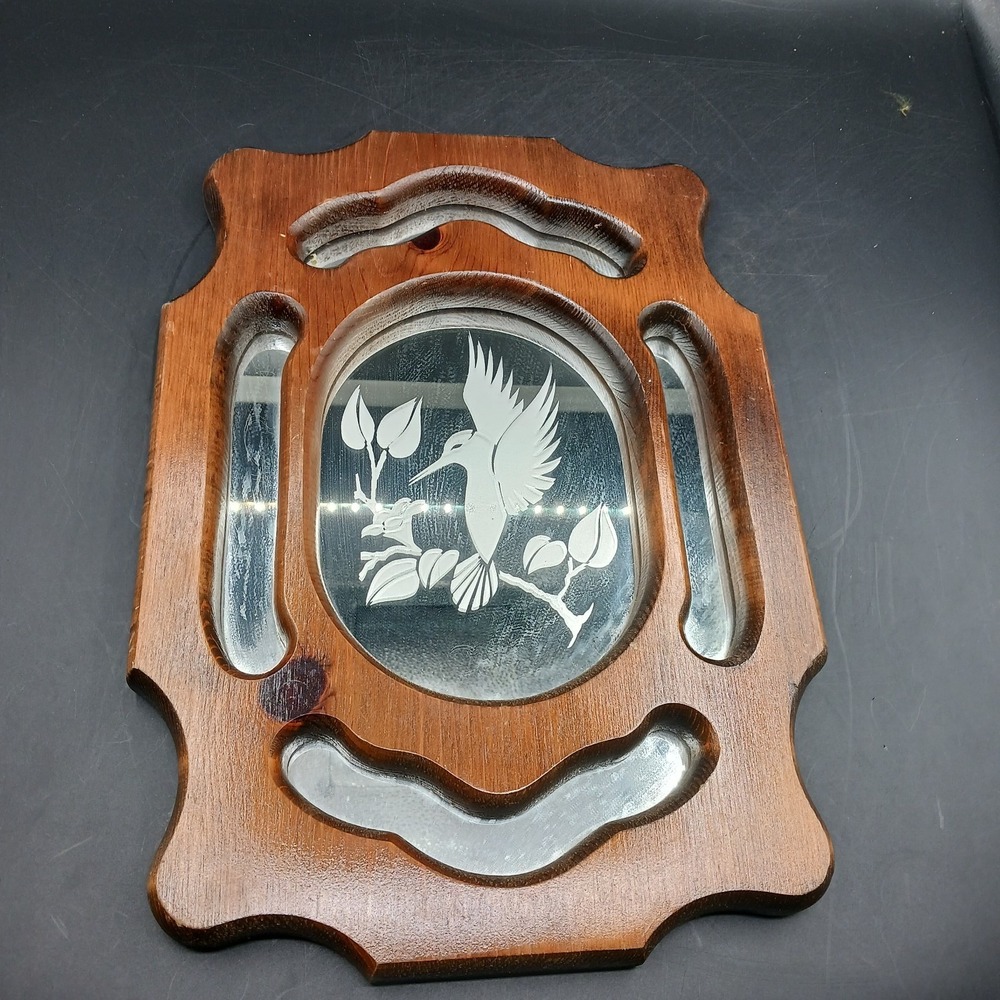 Vintage Wood mirror wall art acid etched w hummingbird & trumpet vine 15x11x1"
